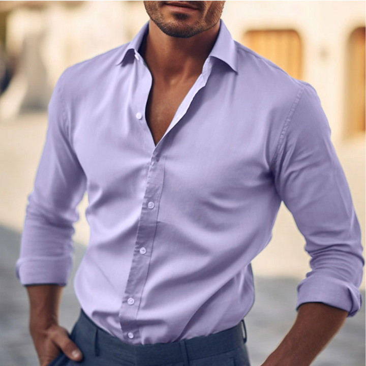 Stylish men's cotton dress shirt with classic collar, showcasing a sleek, flattering fit suitable for any occasion.