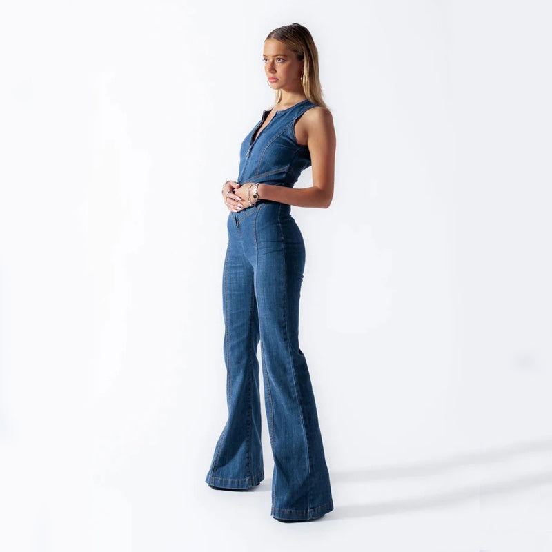 "Trendy women's denim jumpsuit with a flattering fit, showcasing soft fabric and versatile style for casual or formal wear."
