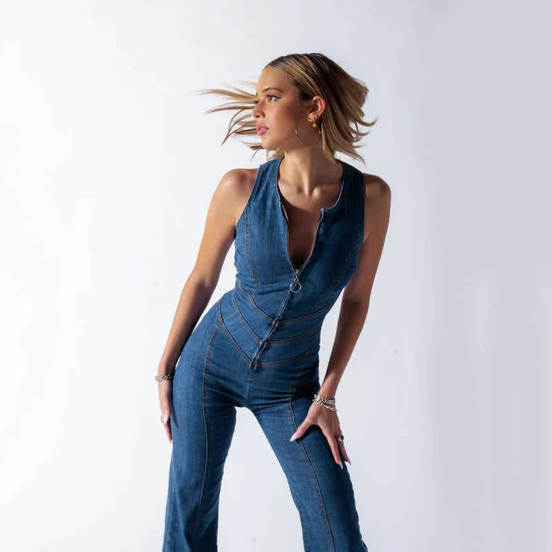 "Trendy women's denim jumpsuit with a flattering fit, showcasing soft fabric and versatile style for casual or formal wear."