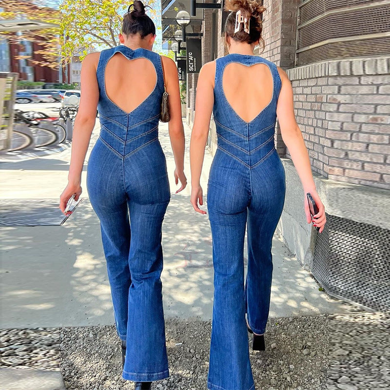 "Trendy women's denim jumpsuit with a flattering fit, showcasing soft fabric and versatile style for casual or formal wear."