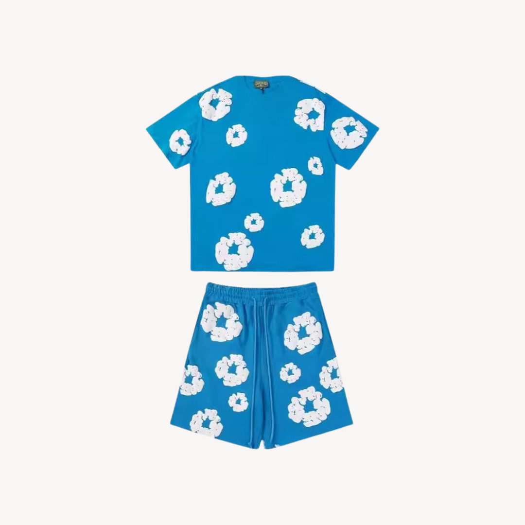 Unisex cotton floral tee and shorts set, bold floral print, soft fabric, casual wear, versatile unisex design, relaxed fit.