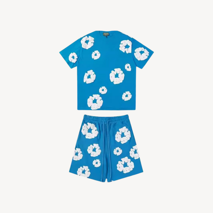 Unisex cotton floral tee and shorts set, bold floral print, soft fabric, casual wear, versatile unisex design, relaxed fit.