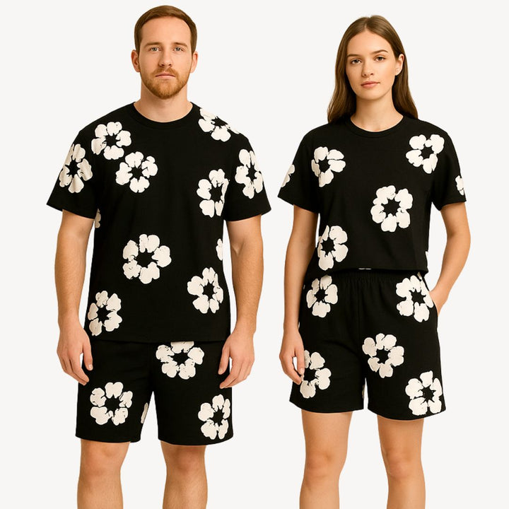 Unisex cotton floral tee and shorts set, bold floral print, soft fabric, casual wear, versatile unisex design, relaxed fit.