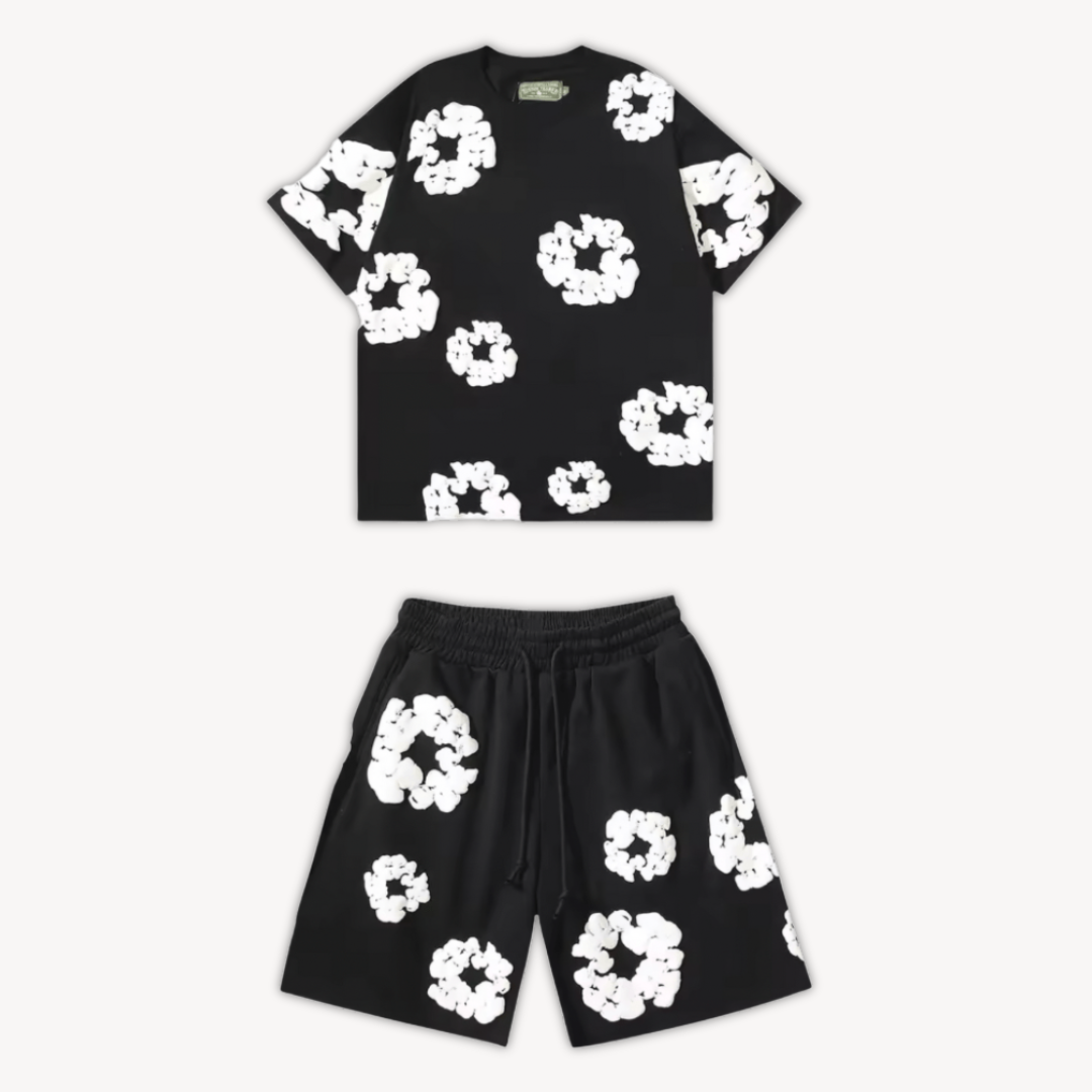 Unisex cotton floral tee and shorts set, bold floral print, soft fabric, casual wear, versatile unisex design, relaxed fit.