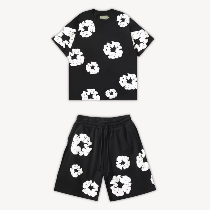 Unisex cotton floral tee and shorts set, bold floral print, soft fabric, casual wear, versatile unisex design, relaxed fit.