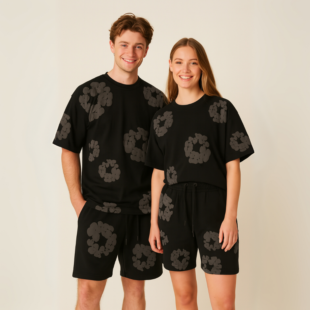 Unisex cotton floral tee and shorts set, bold floral print, soft fabric, casual wear, versatile unisex design, relaxed fit.