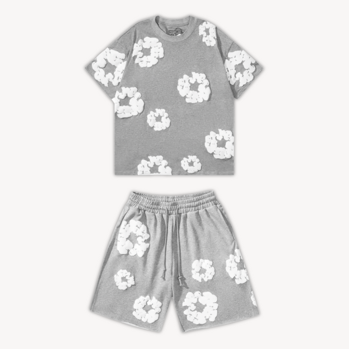Unisex cotton floral tee and shorts set, bold floral print, soft fabric, casual wear, versatile unisex design, relaxed fit.