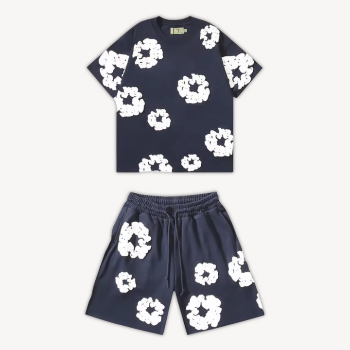 Unisex cotton wreath summer set with black base and white floral print; T-shirt and shorts ensemble for stylish comfort.