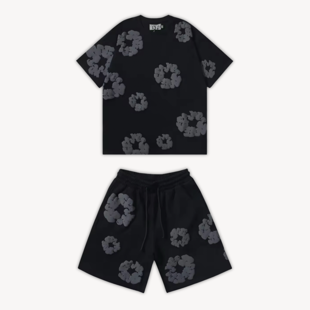 Unisex cotton wreath summer set with black base and white floral print; T-shirt and shorts ensemble for stylish comfort.