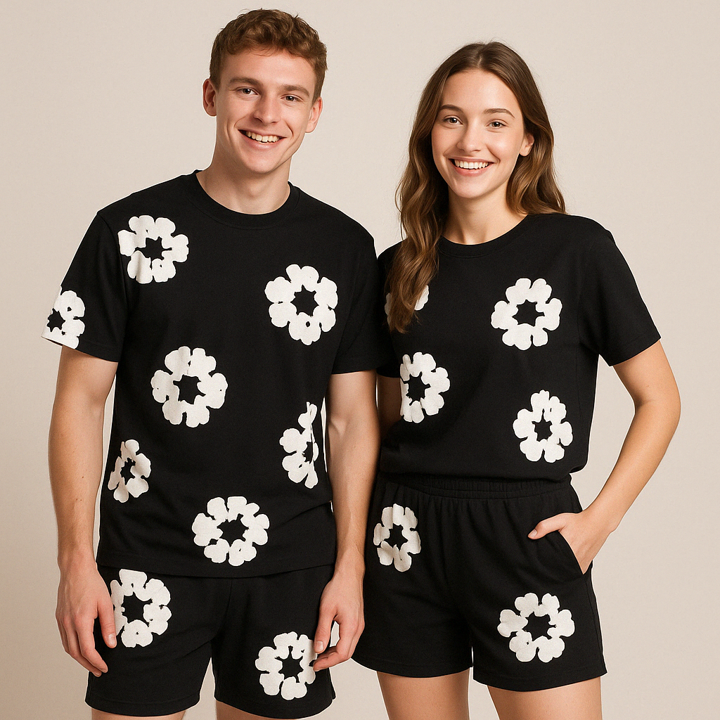 Unisex cotton wreath summer set with black base and white floral print; T-shirt and shorts ensemble for stylish comfort.