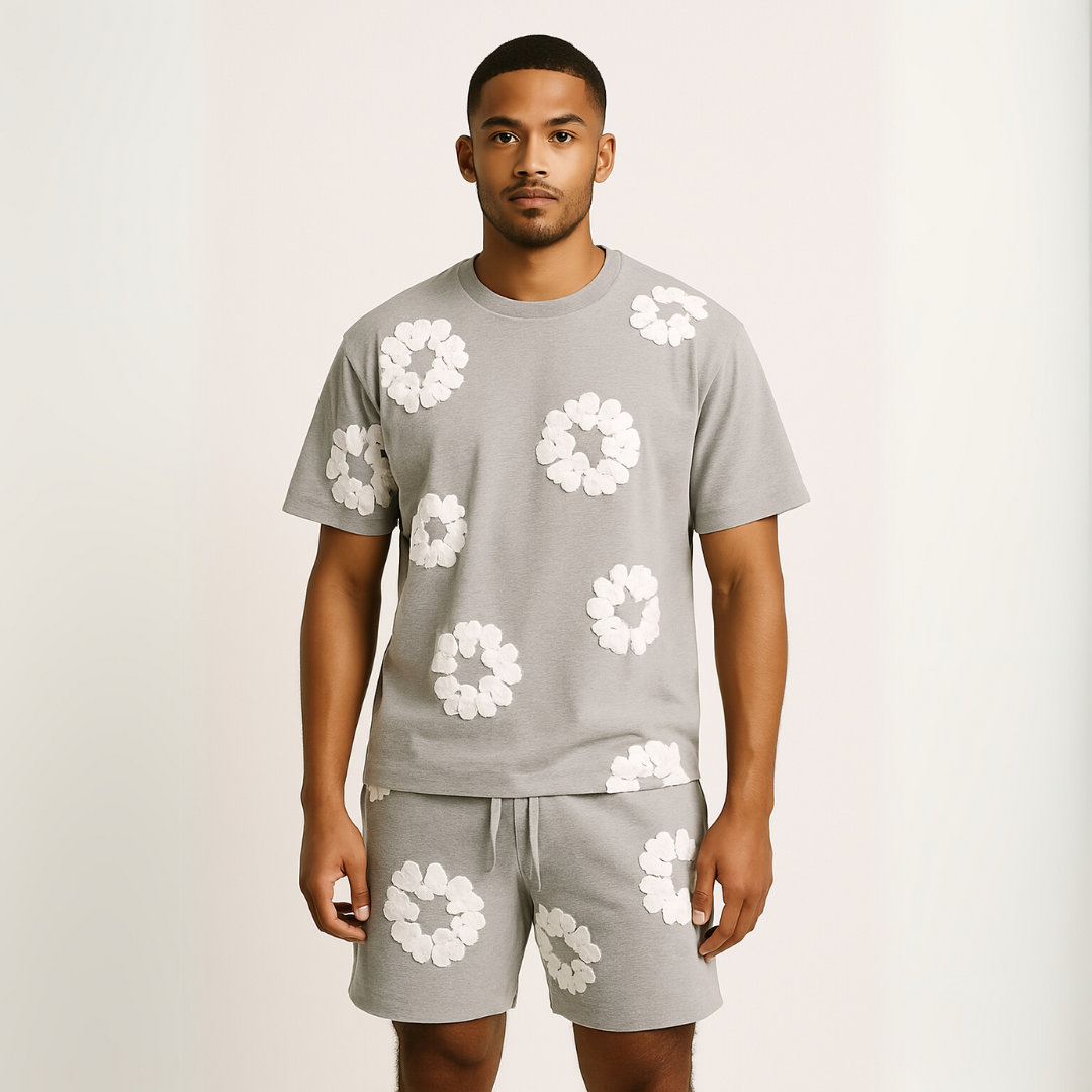 Unisex cotton wreath summer set with black base and white floral print; T-shirt and shorts ensemble for stylish comfort.