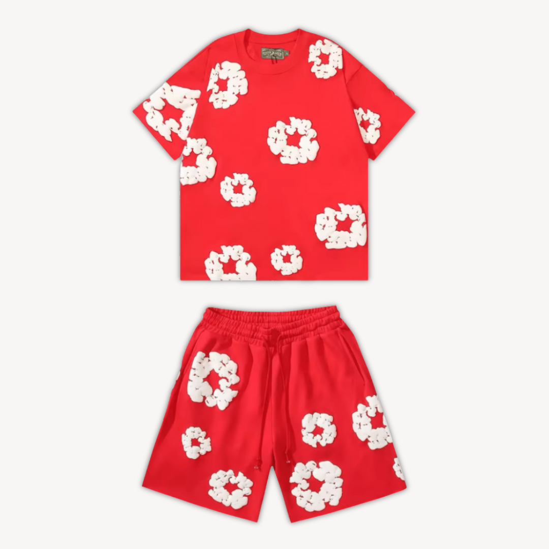 Unisex cotton wreath summer set with black base and white floral print; T-shirt and shorts ensemble for stylish comfort.