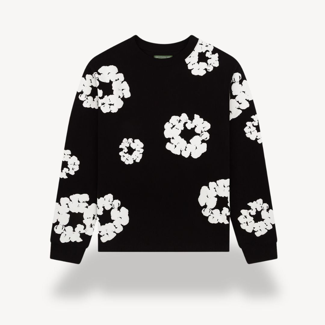 "Unisex floral cotton sweatshirt with vibrant floral pattern, crew neck, and long sleeves in black for casual style."