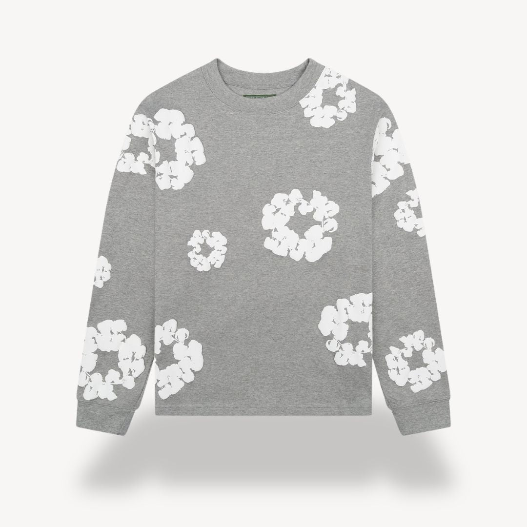 "Unisex floral cotton sweatshirt with vibrant floral pattern, crew neck, and long sleeves in black for casual style."