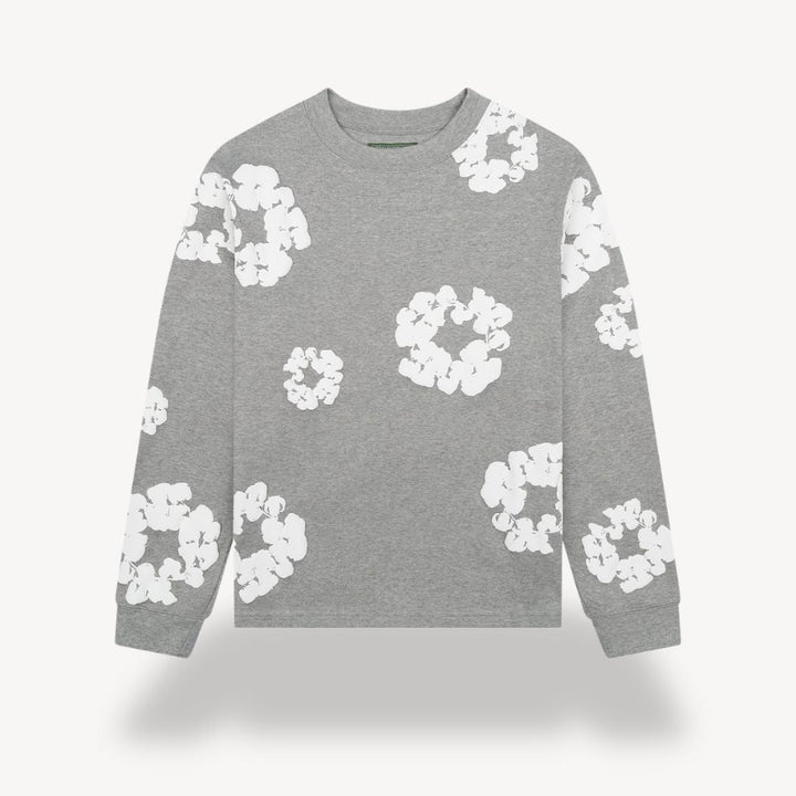 "Unisex floral cotton sweatshirt with vibrant floral pattern, crew neck, and long sleeves in black for casual style."
