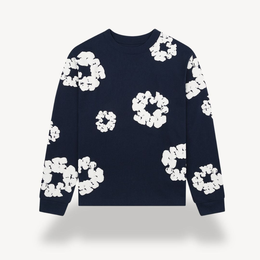 "Unisex floral cotton sweatshirt with vibrant floral pattern, crew neck, and long sleeves in black for casual style."