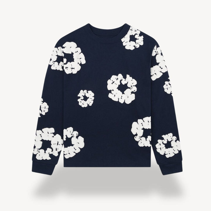 "Unisex floral cotton sweatshirt with vibrant floral pattern, crew neck, and long sleeves in black for casual style."