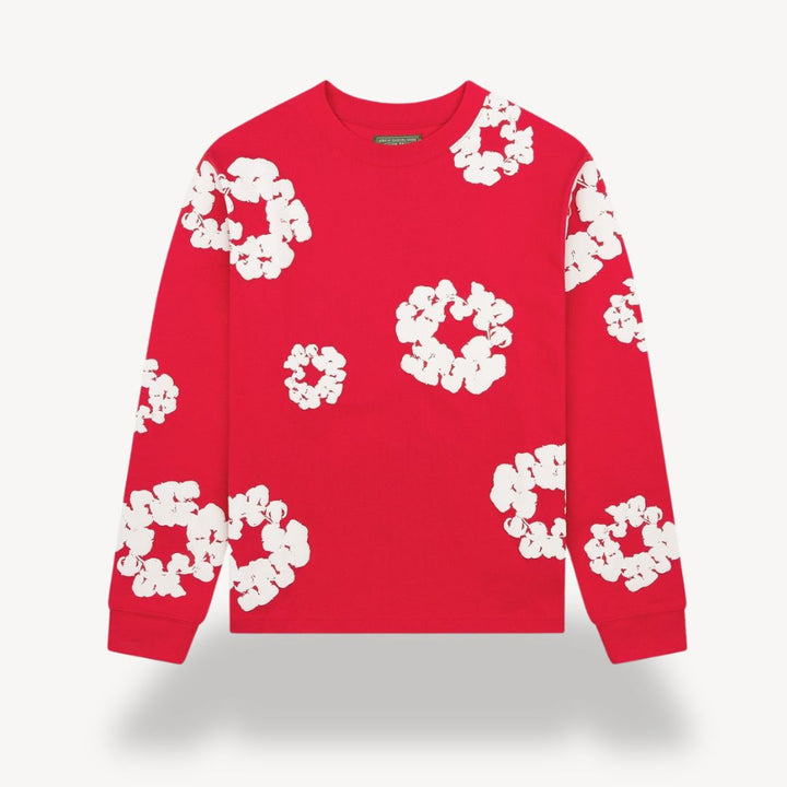 "Unisex floral cotton sweatshirt with vibrant floral pattern, crew neck, and long sleeves in black for casual style."