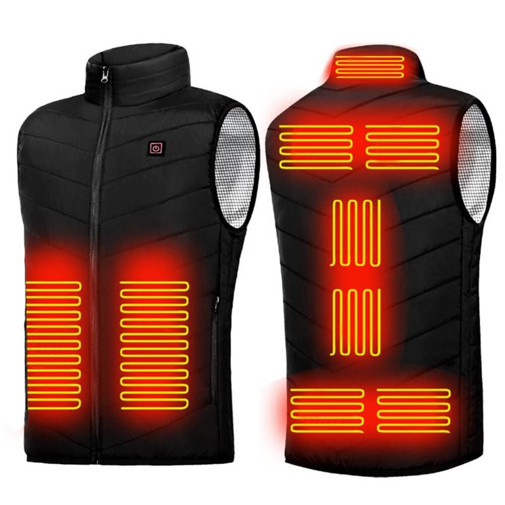 "Unisex heated vest with advanced heating technology, sleek black design, featuring 9 heating zones for targeted warmth."
