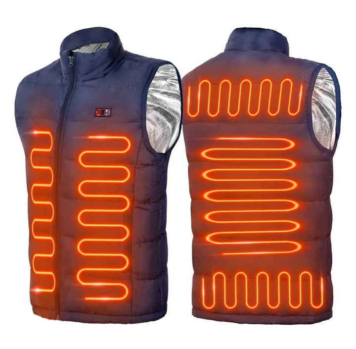 "Unisex heated vest with advanced heating technology, sleek black design, featuring 9 heating zones for targeted warmth."