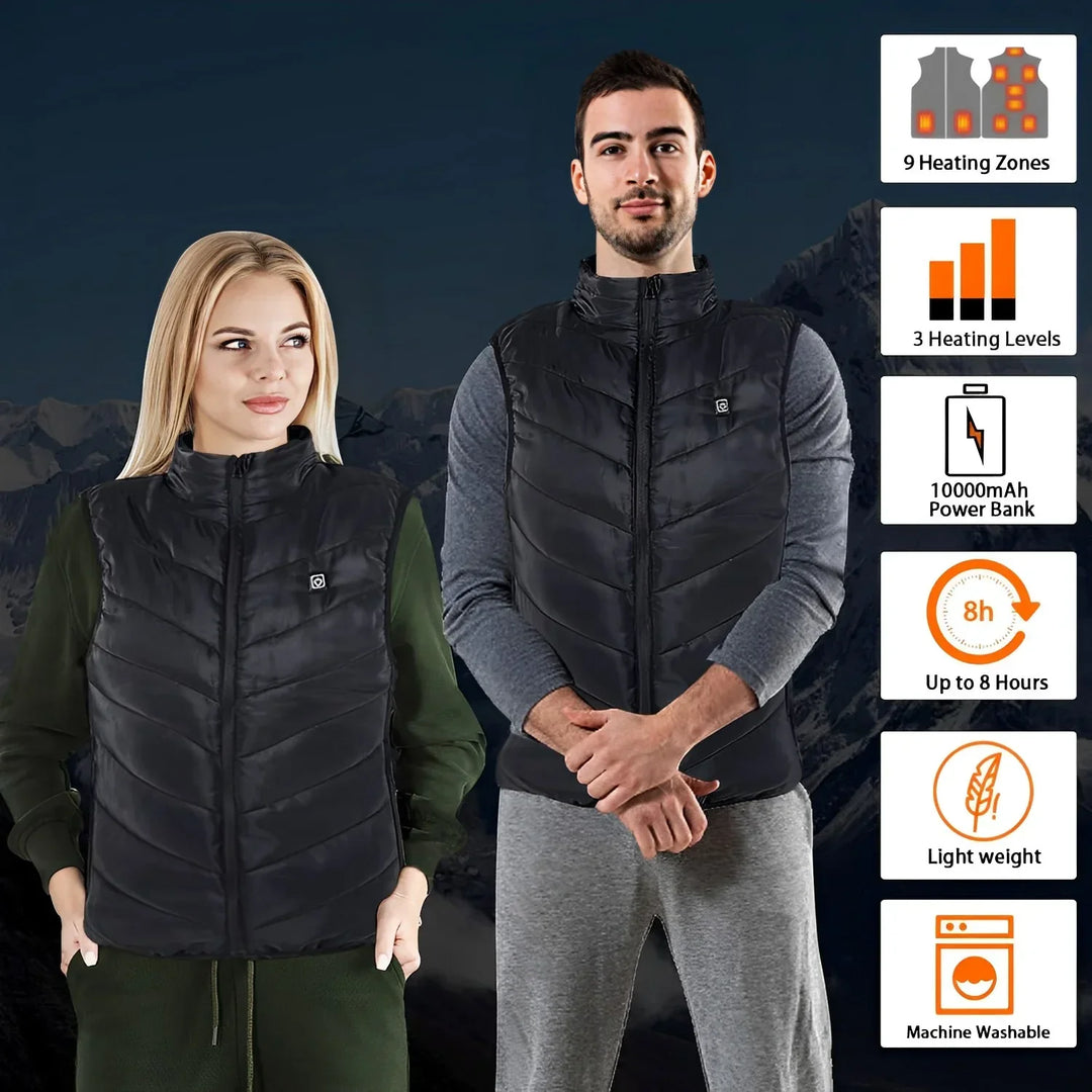 "Unisex heated vest with advanced heating technology, sleek black design, featuring 9 heating zones for targeted warmth."