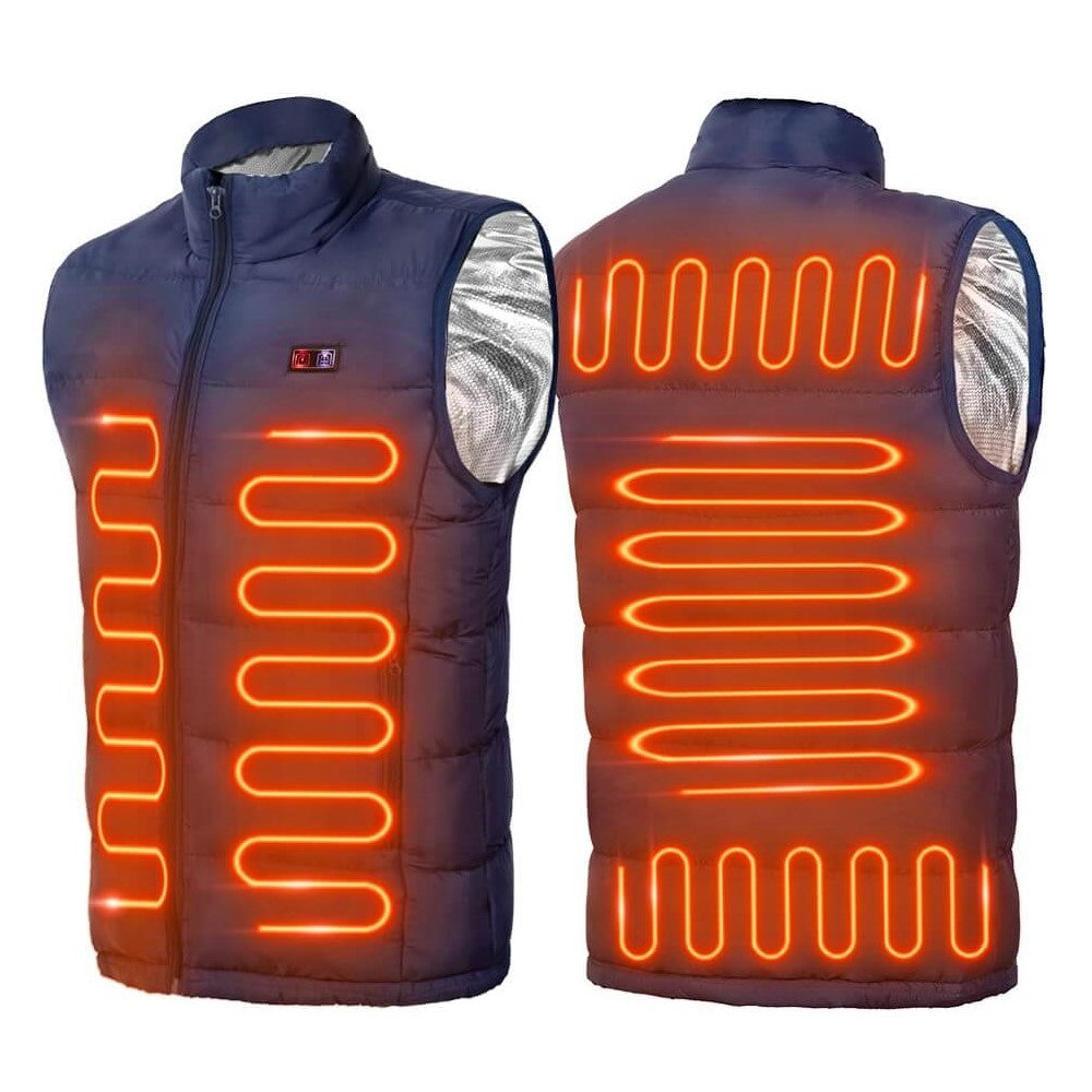 "Unisex heated vest with advanced heating technology, sleek black design, featuring 9 heating zones for targeted warmth."