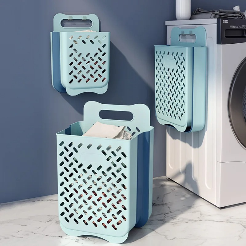 "Wall-mounted foldable laundry basket with breathable mesh design, shown unfolded and mounted on a wall for space-saving use.