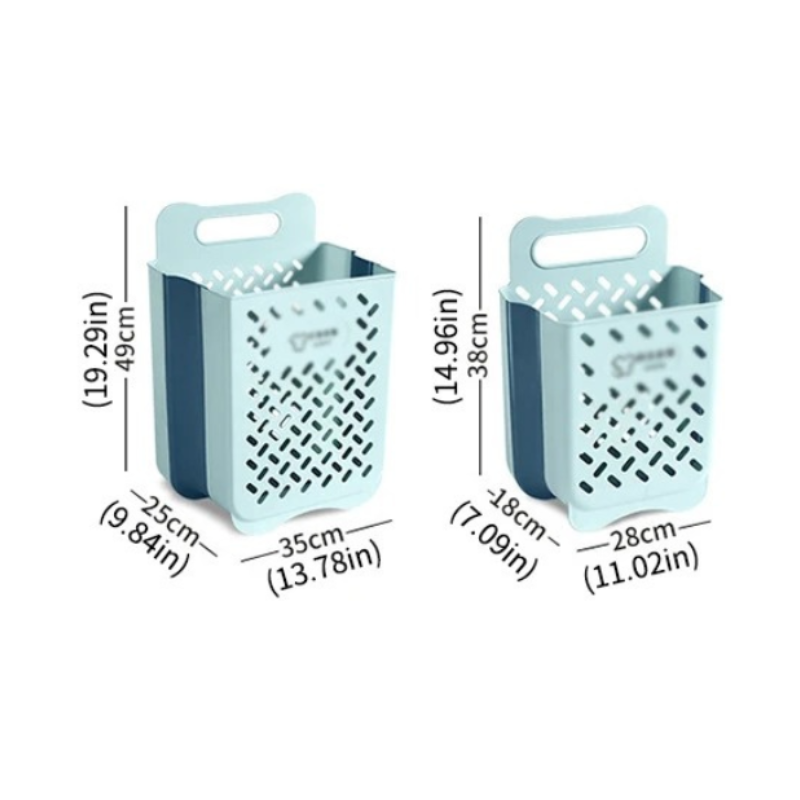 "Wall-mounted foldable laundry basket with breathable mesh design, shown unfolded and mounted on a wall for space-saving use.