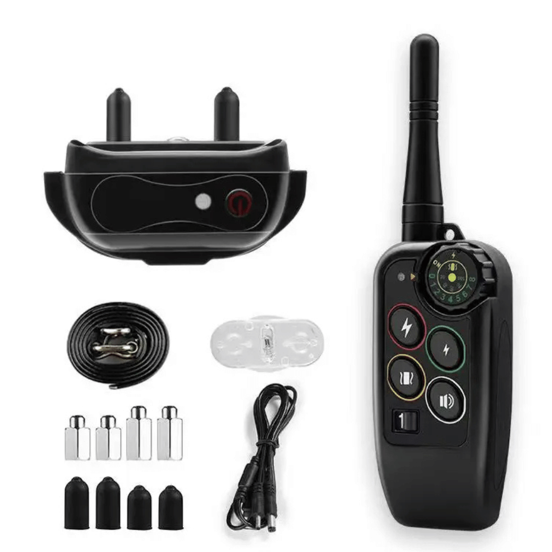 Waterproof dog training e-collar with remote control, 1000m range, adjustable modes, durable for all breeds in any weather.