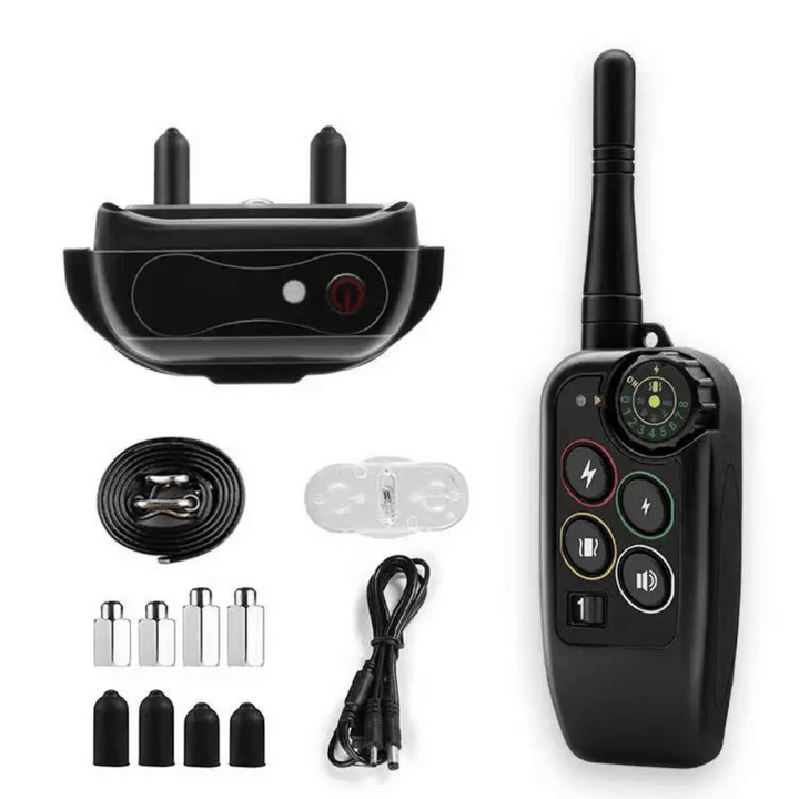Waterproof dog training e-collar with remote control, 1000m range, adjustable modes, durable for all breeds in any weather.