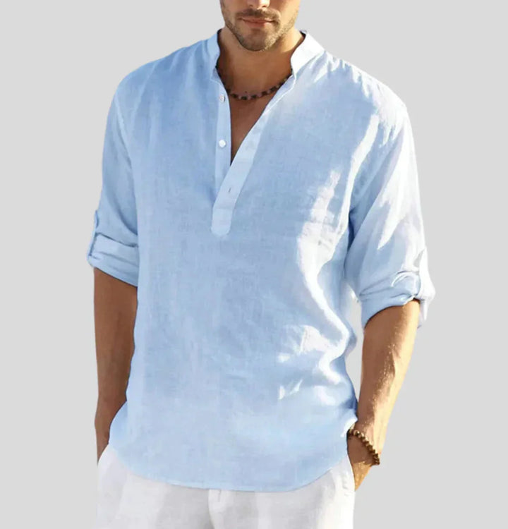 White men's lightweight cotton half-button shirt, relaxed fit. Perfect casual staple for warmer days, breathable and stylish.