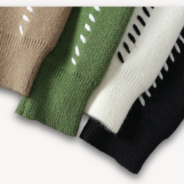 "White men's wool cardigan sweater with button-up front, ribbed cuffs, and black stitch detail for stylish winter wear."