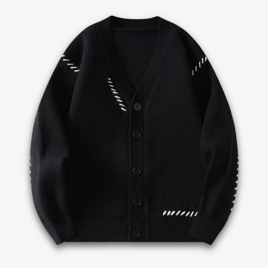 "White men's wool cardigan sweater with button-up front, ribbed cuffs, and black stitch detail for stylish winter wear."