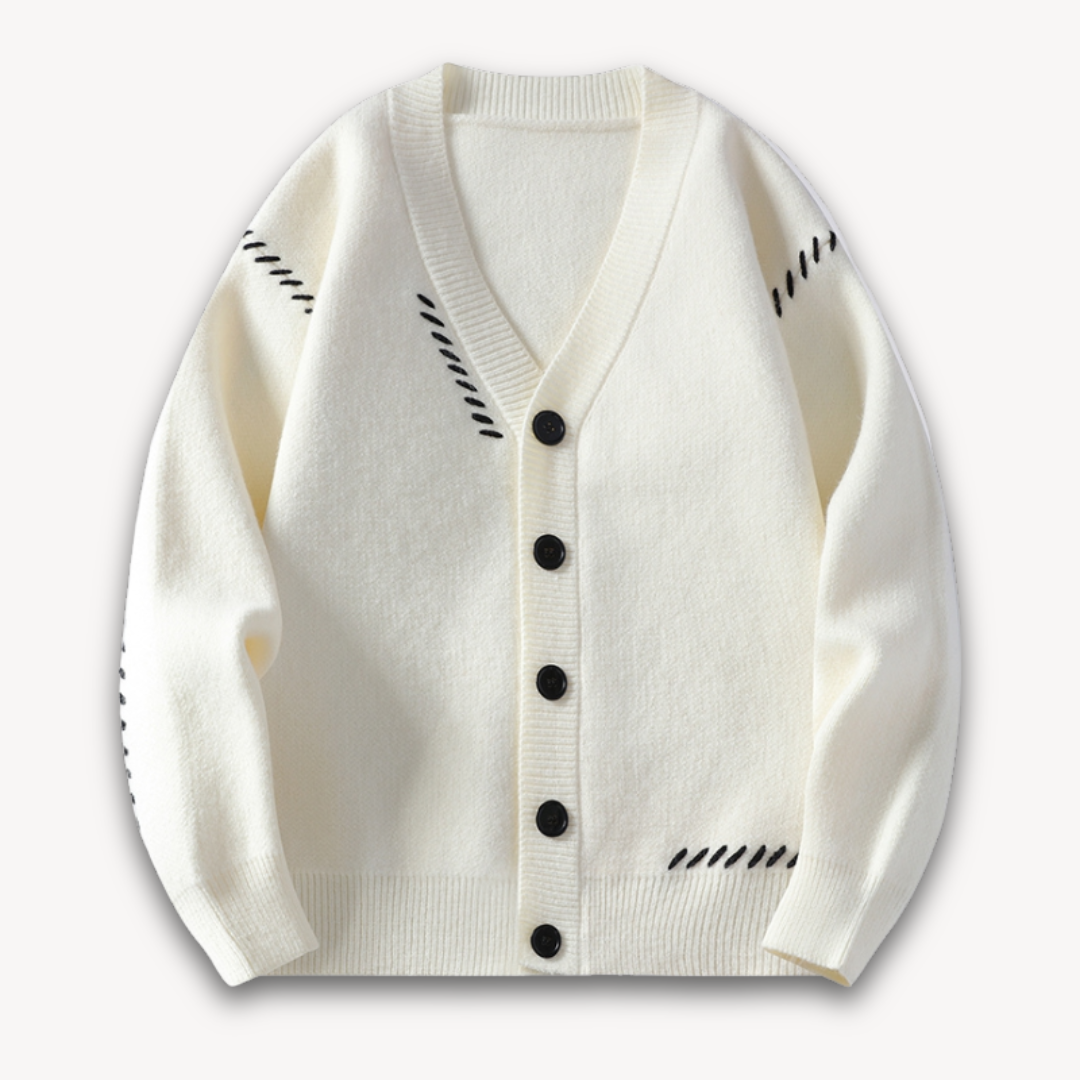 "White men's wool cardigan sweater with button-up front, ribbed cuffs, and black stitch detail for stylish winter wear."