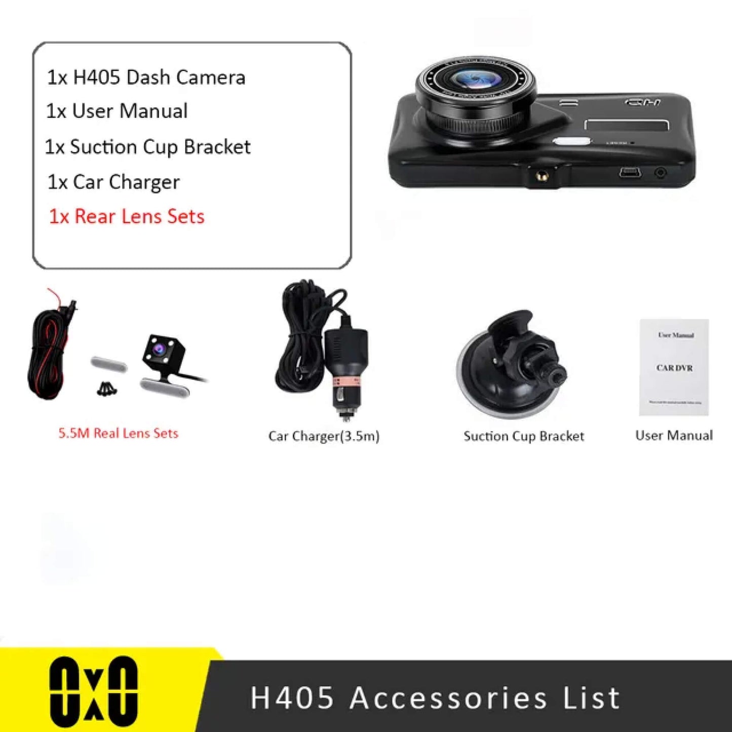 "Wireless dual dash camera, night vision, 170° angle, HD 1080p, front and rear lenses, LCD screen, sleek black design."