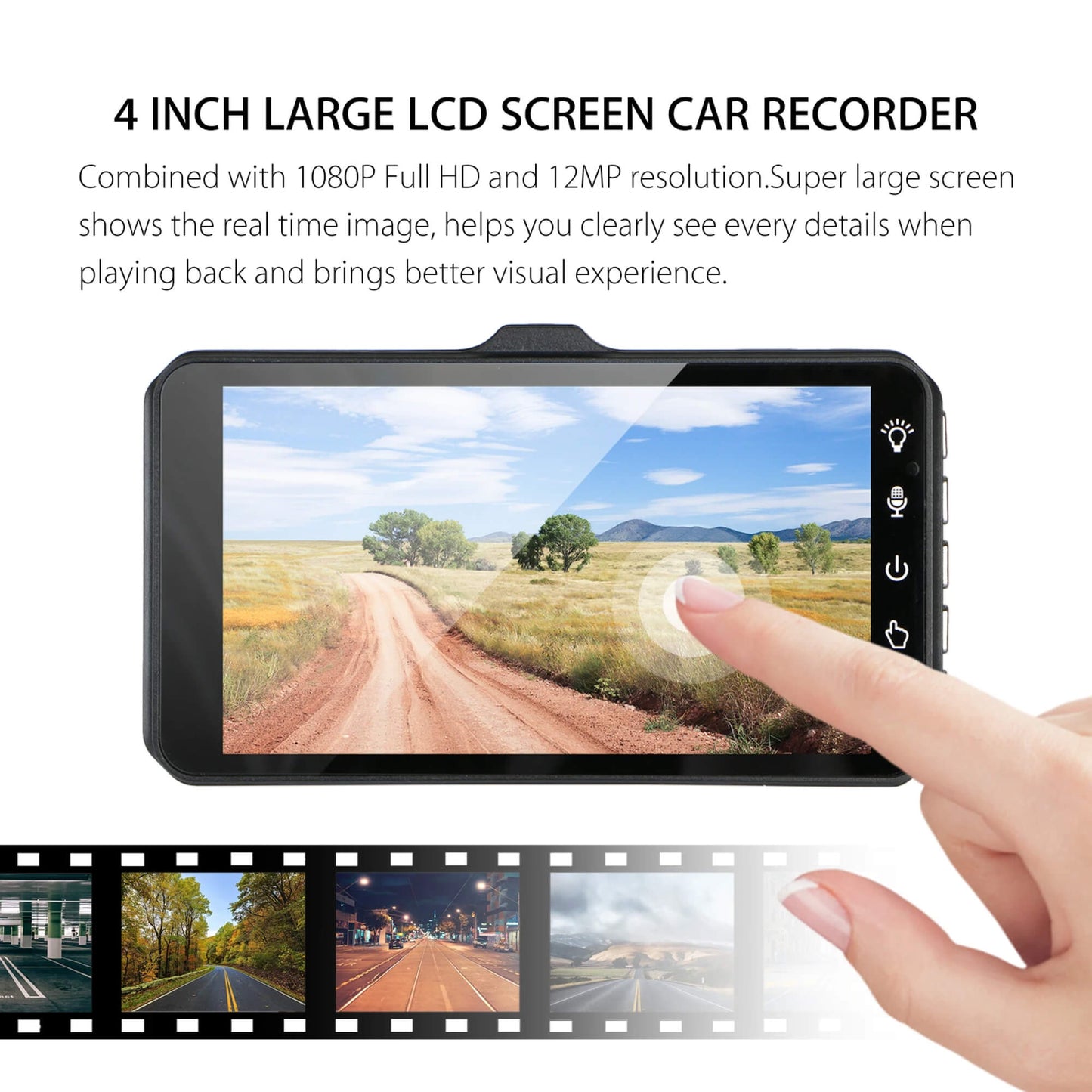 "Wireless dual dash camera, night vision, 170° angle, HD 1080p, front and rear lenses, LCD screen, sleek black design."