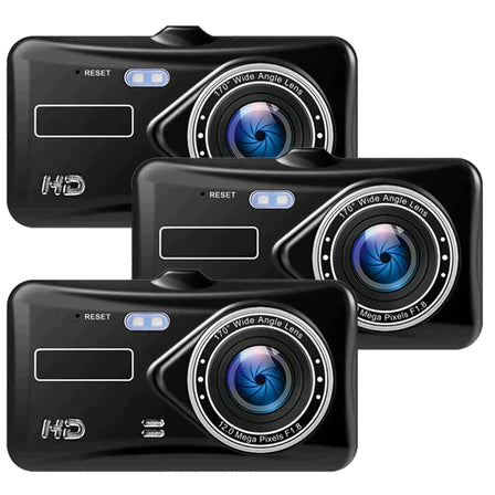 "Wireless dual dash camera, night vision, 170° angle, HD 1080p, front and rear lenses, LCD screen, sleek black design."