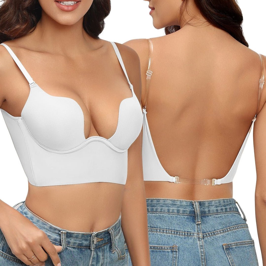 "Women's backless bra with adjustable straps, seamless design, breathable fabric; ideal for low-back outfits, comfortable fit