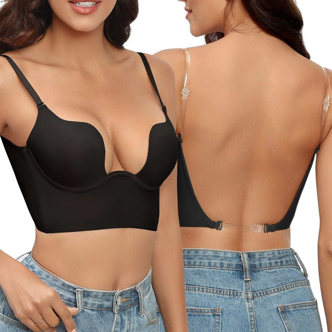 "Women's backless bra with adjustable straps, seamless design, breathable fabric; ideal for low-back outfits, comfortable fit