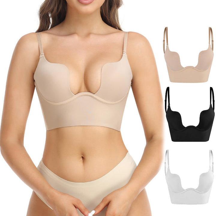 "Women's backless bra with adjustable straps, seamless design, breathable fabric; ideal for low-back outfits, comfortable fit