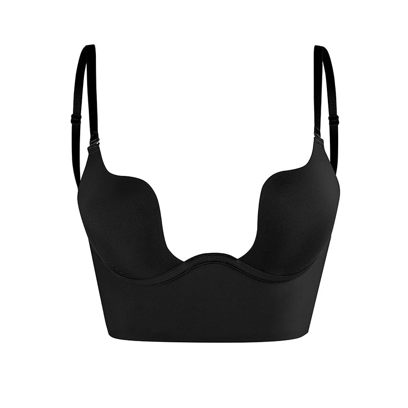 "Women's backless bra with adjustable straps, seamless design, breathable fabric; ideal for low-back outfits, comfortable fit