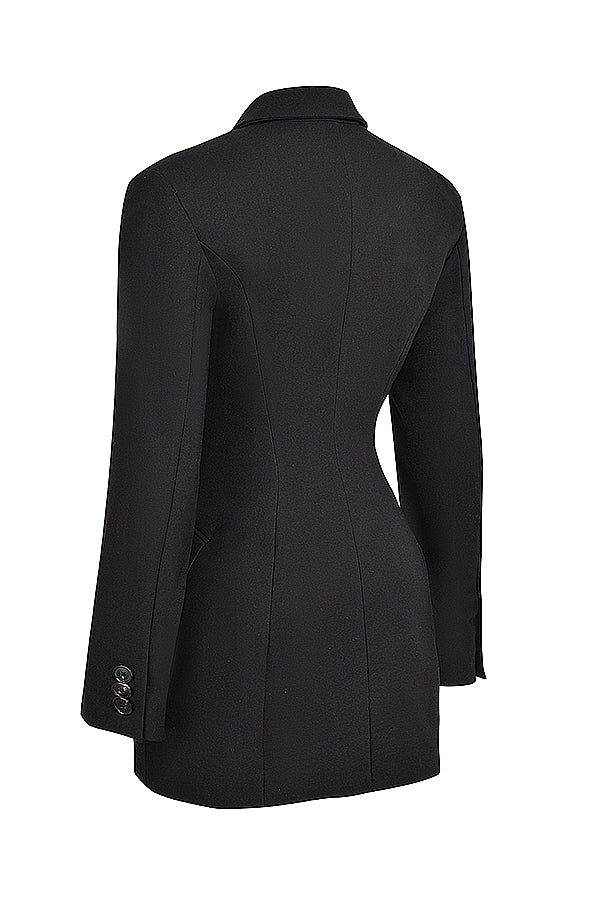 Women's black mini blazer dress with tailored fit, classic yet versatile, ideal for professional and evening wear.