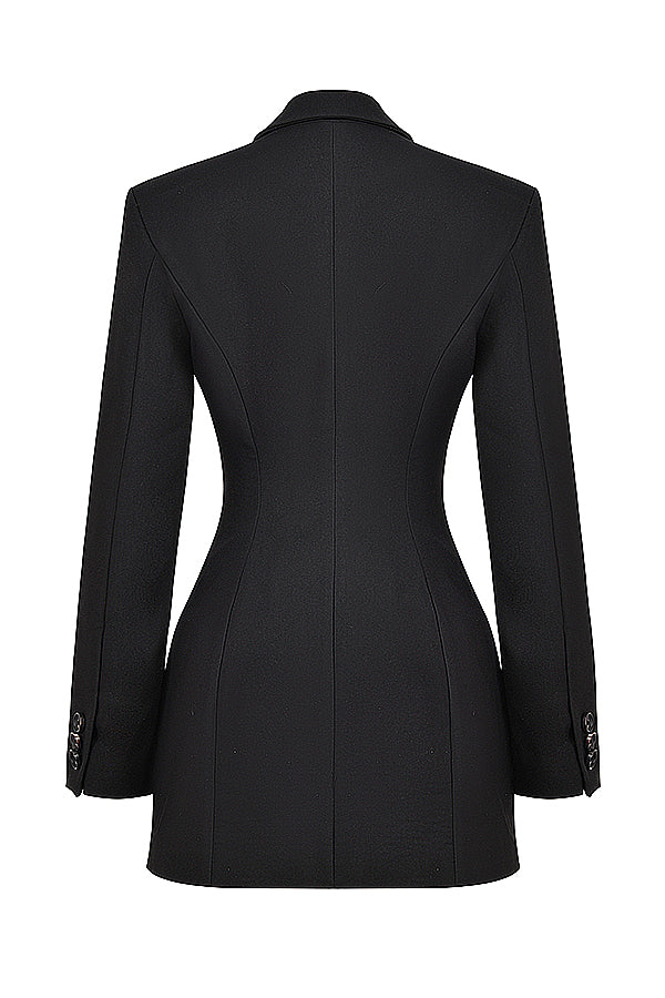 Women's black mini blazer dress with tailored fit, classic yet versatile, ideal for professional and evening wear.