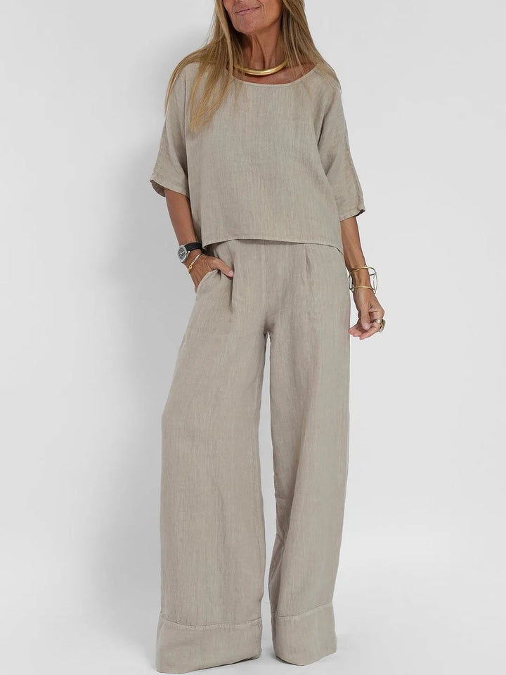 Women's casual outfit set with chic top and matching pants, light formal style, ideal for versatile and stylish wear.