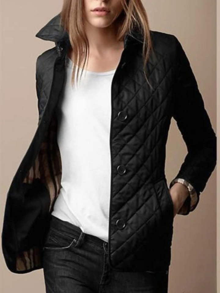 Women's casual quilted jacket with turned-down collar, light padding, snap button front, in dark blue or white for versatile