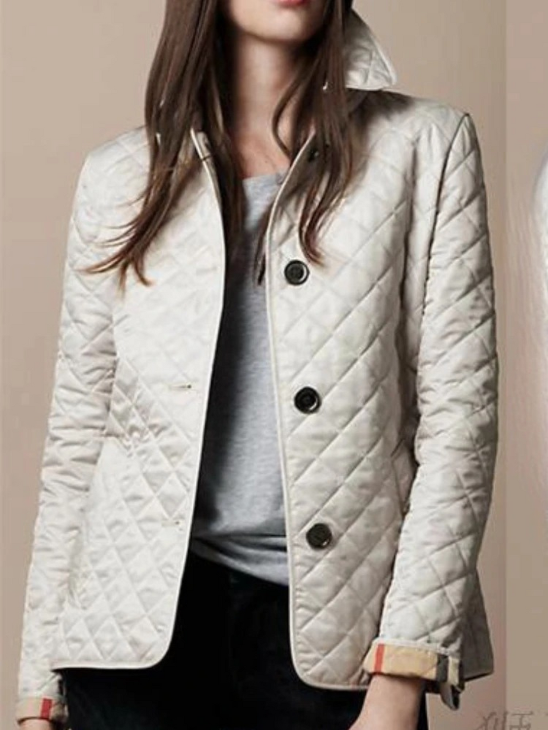 Women's casual quilted jacket with turned-down collar, light padding, snap button front, in dark blue or white for versatile
