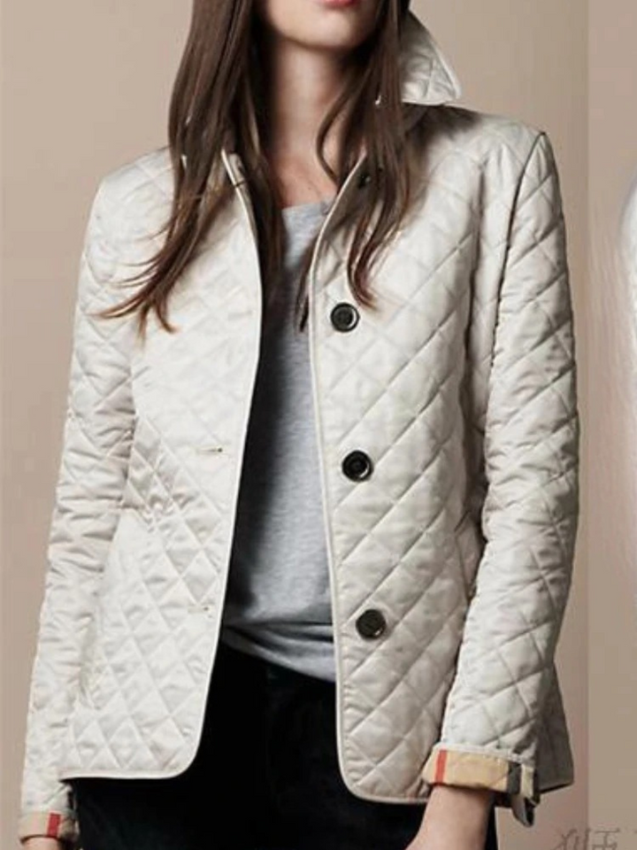 Women's casual quilted jacket with turned-down collar, light padding, snap button front, in dark blue or white for versatile
