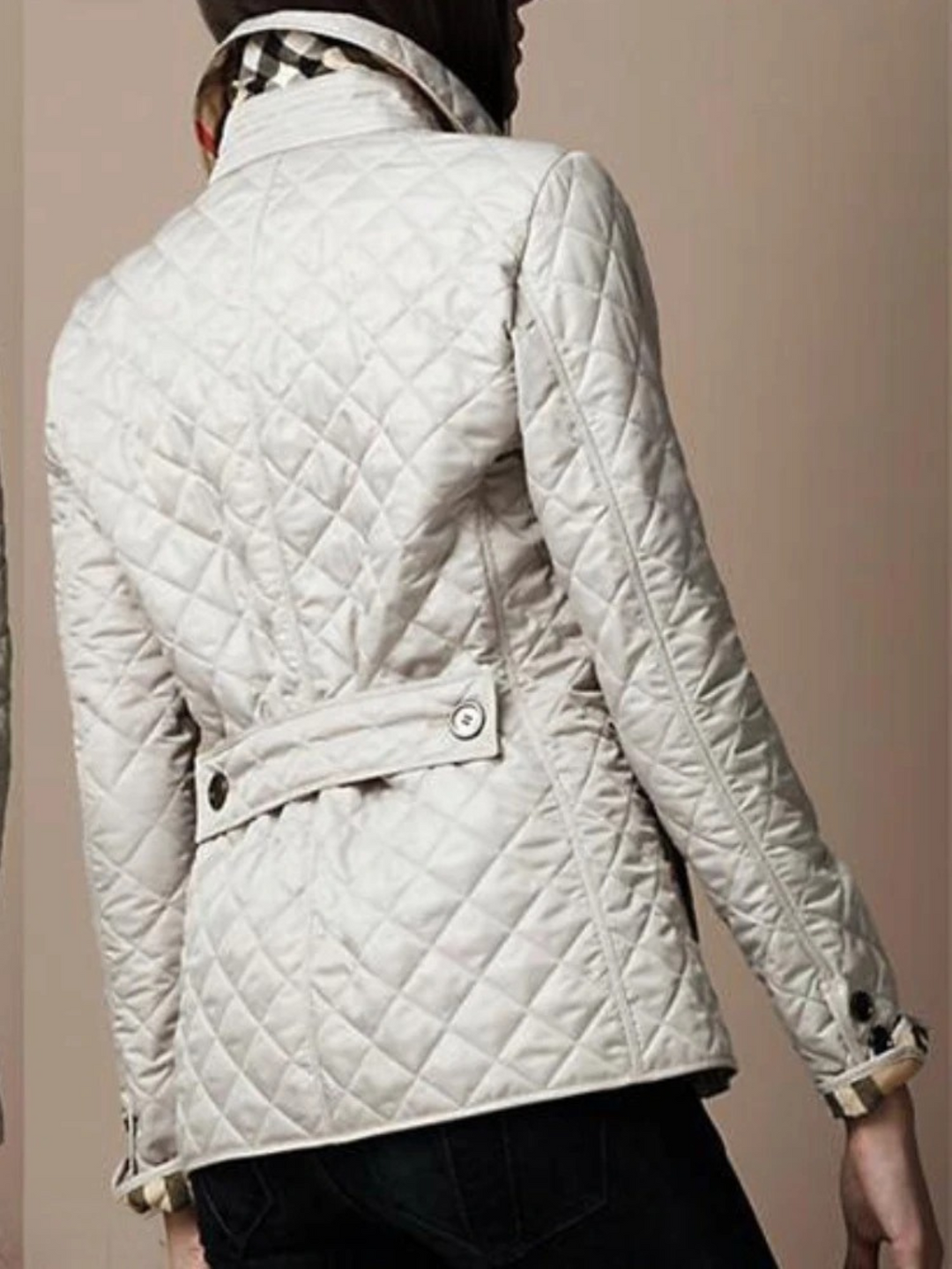 Women's casual quilted jacket with turned-down collar, light padding, snap button front, in dark blue or white for versatile