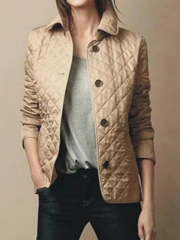 Women's casual quilted jacket with turned-down collar, light padding, snap button front, in dark blue or white for versatile