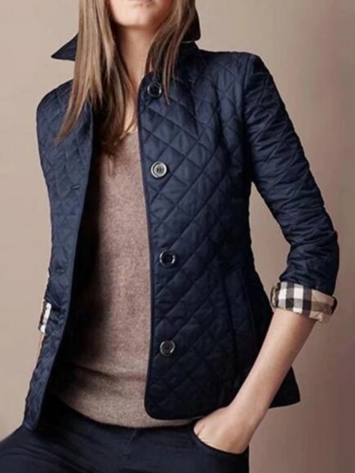 Women's casual quilted jacket with turned-down collar, light padding, snap button front, in dark blue or white for versatile